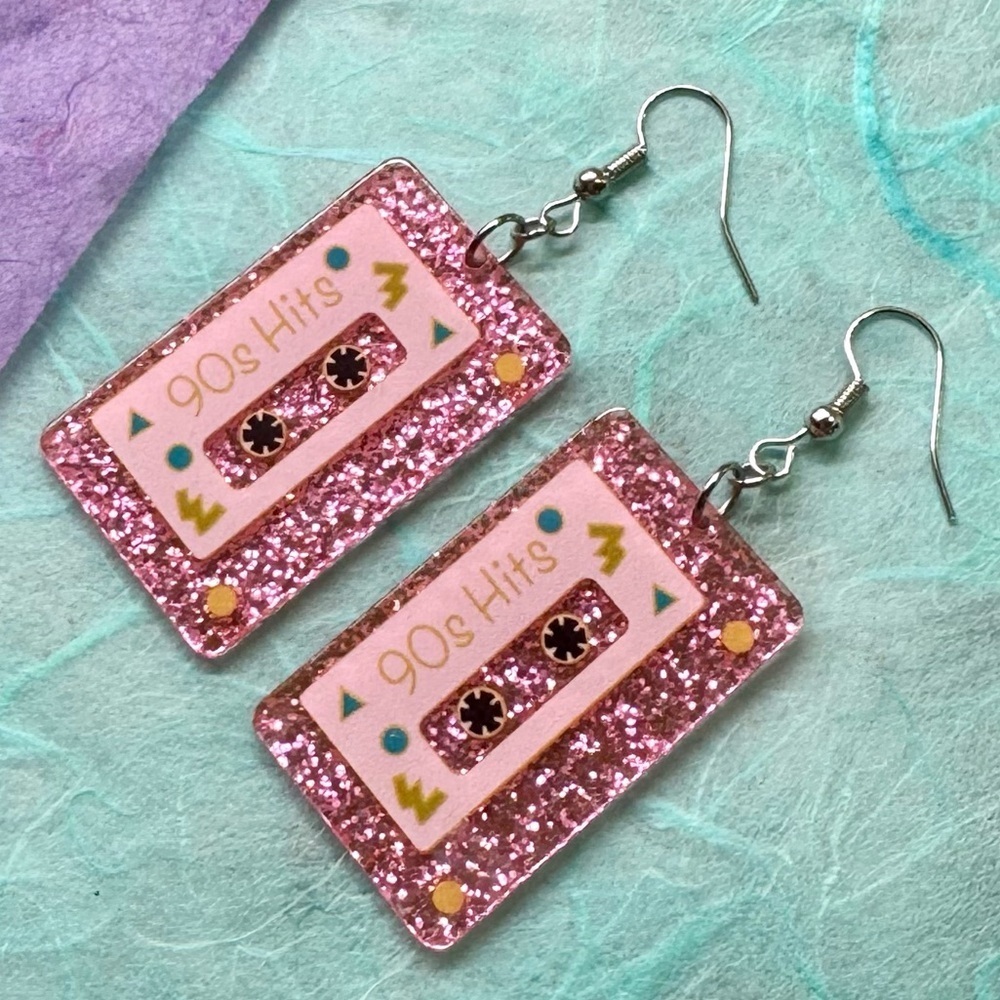New Retro 90s Style Pink Glitter Acrylic Cassette Music Mix Tape Earrings - 2.5”